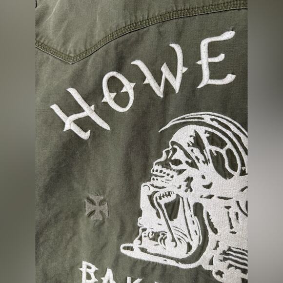 Howe Army Green Embroidered Bikercore Shirt Jacket Size Medium Bakersfield Cali - Picture 5 of 12